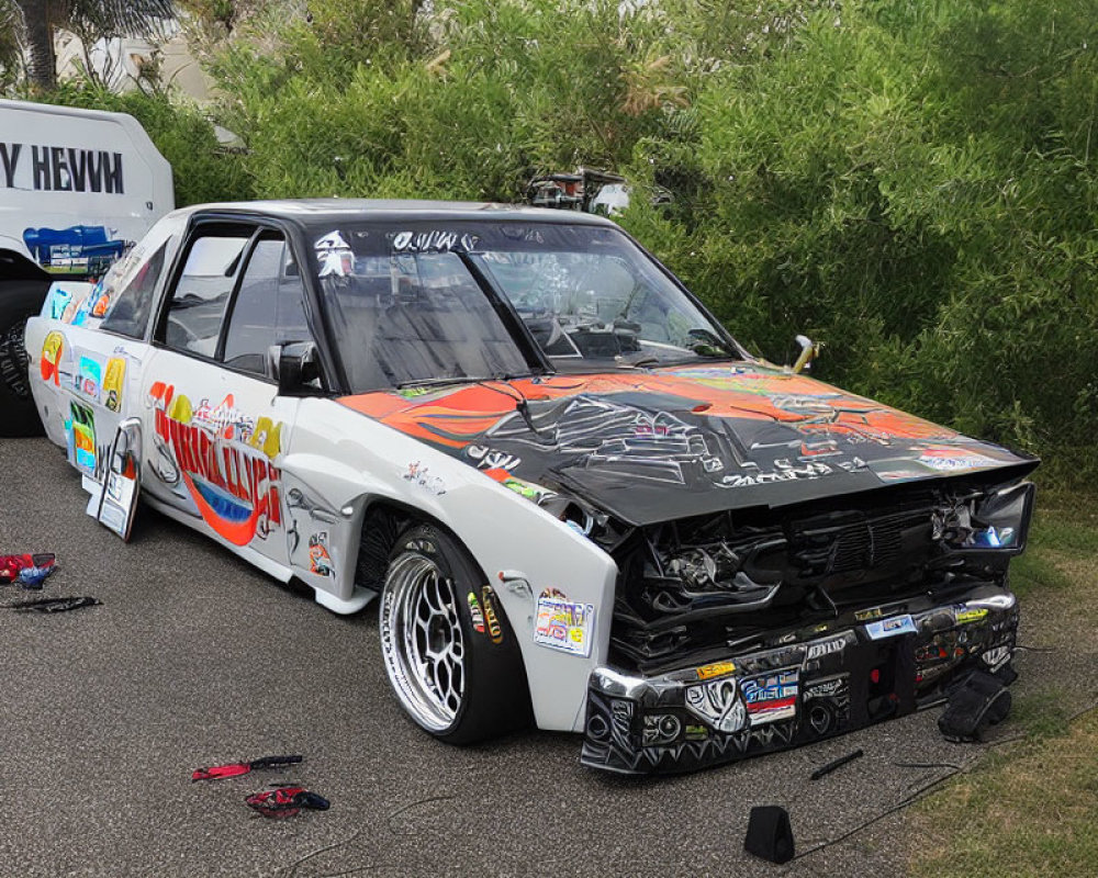 Modified black racing car with vibrant decals and exposed engine parked near trailer