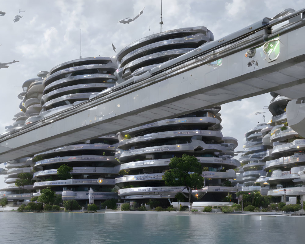 Layered Circular Buildings in Futuristic Cityscape with Flying Vehicles