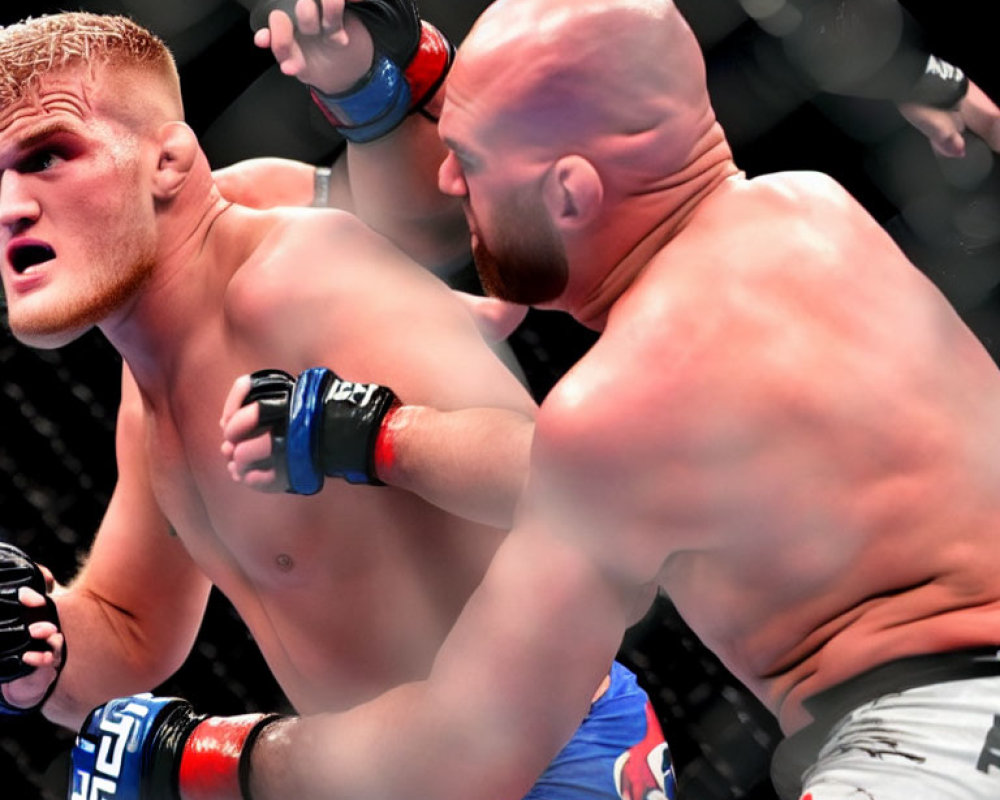 Two male MMA fighters in a cage, one defensive and the other preparing to strike