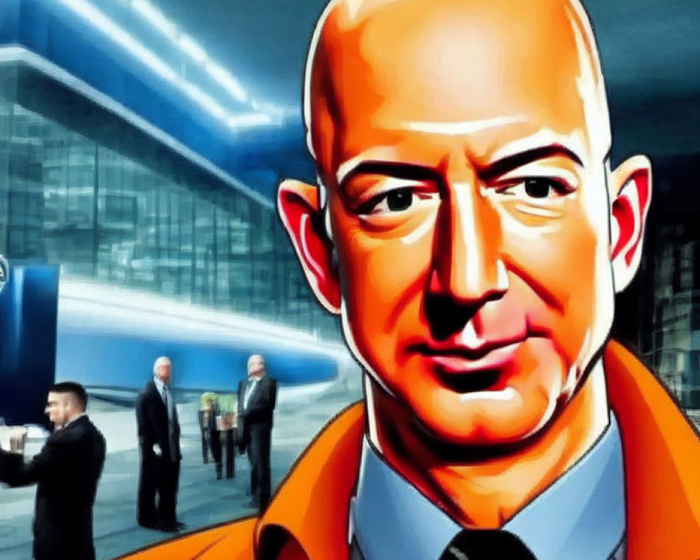 Stylized bald man in orange coat against futuristic cityscape