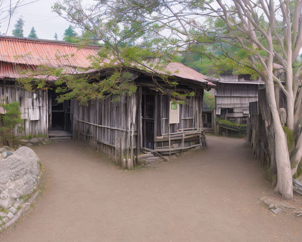 Weathered wooden buildings with shingle roofs in serene setting