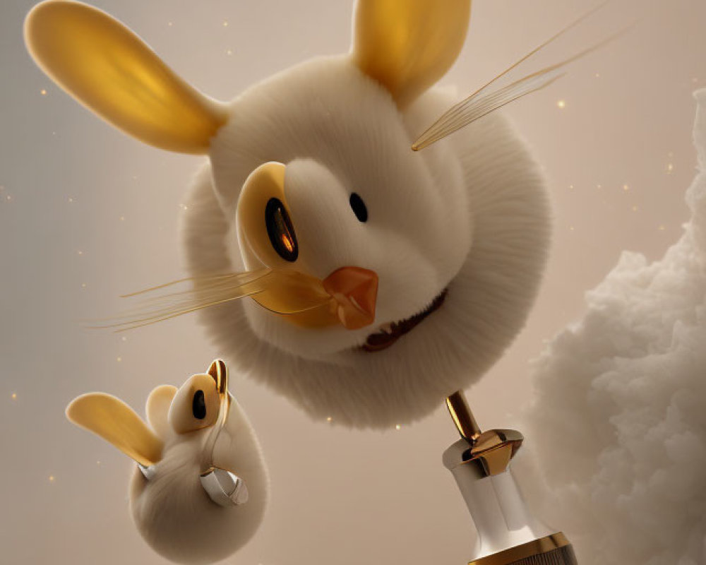 Whimsical fluffy rabbits with propellers and goggles flying among clouds