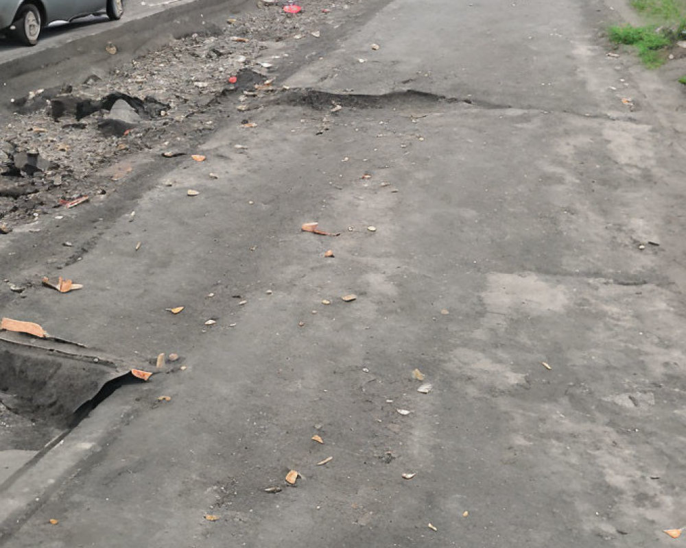 Residential area road with potholes, parked cars, and colorful flags