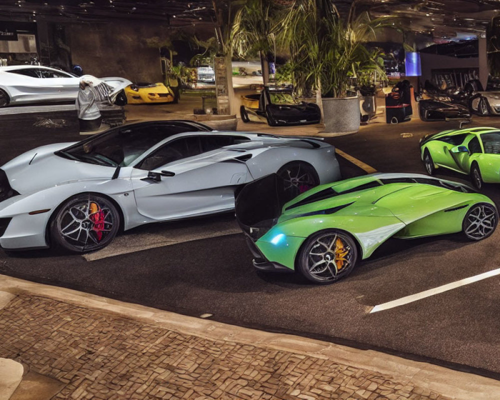 Luxury sports cars: white and green Lamborghinis at night venue