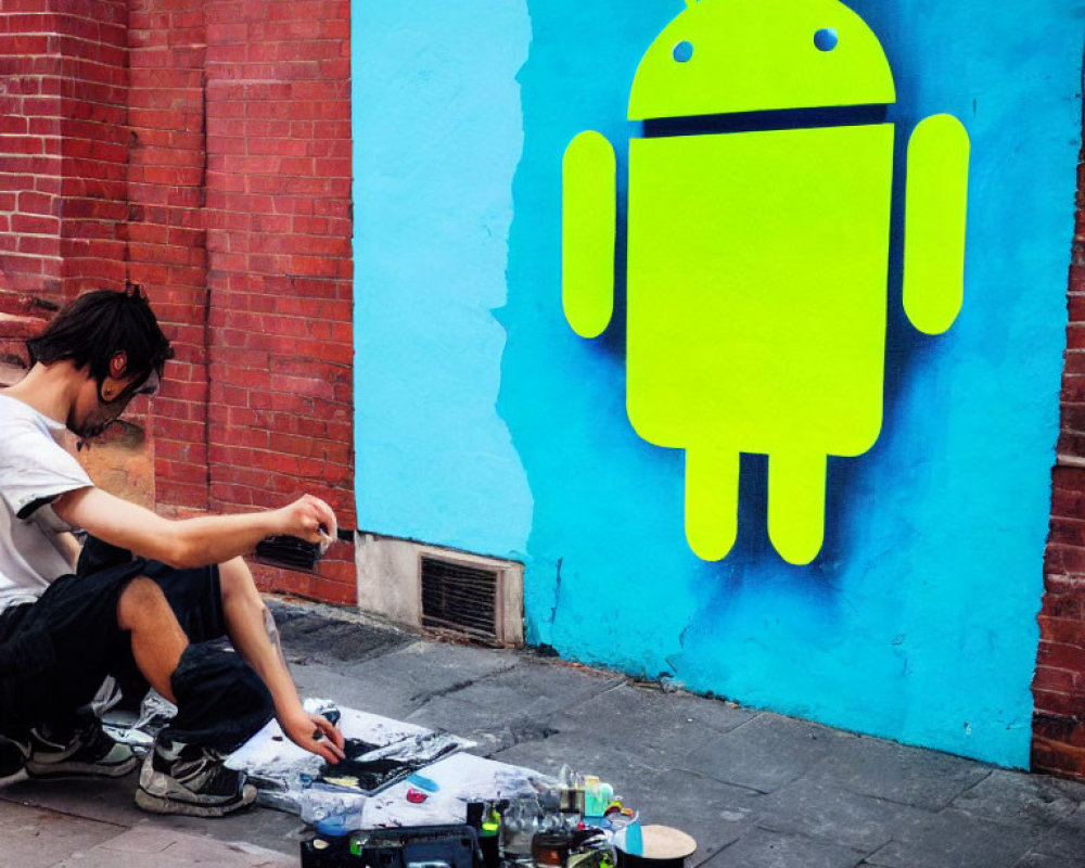 Man sitting by large Android mascot on painted wall with spray paint cans and tools.