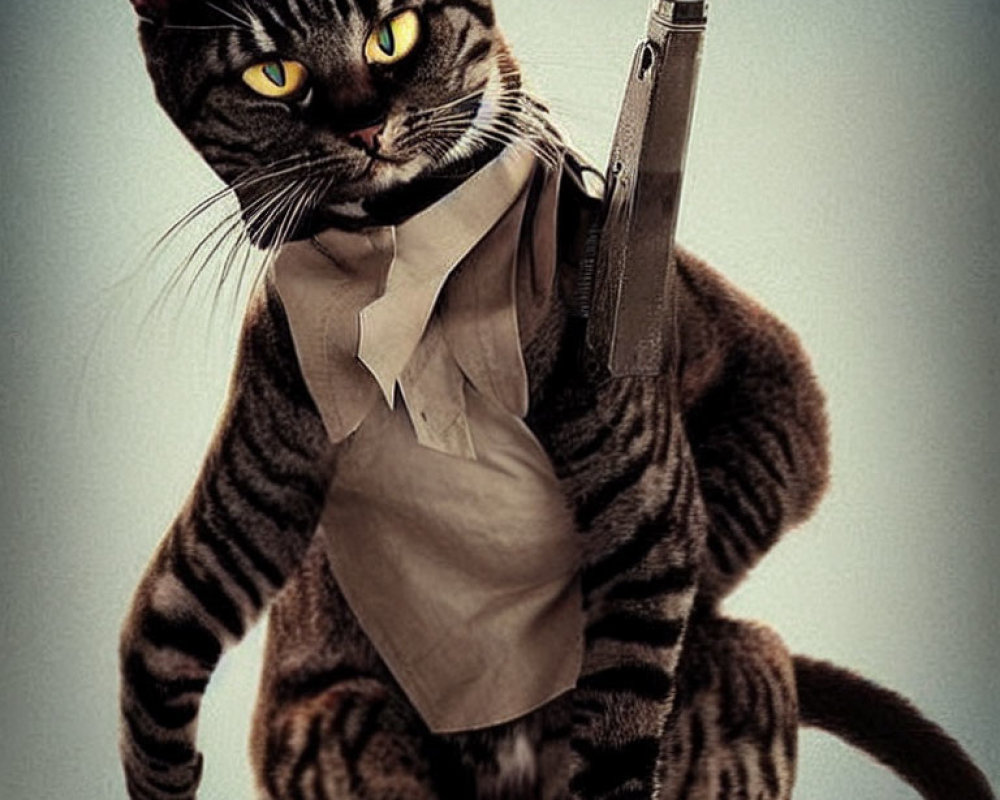 Digitally altered cat image standing with tie, syringe, and thermometer