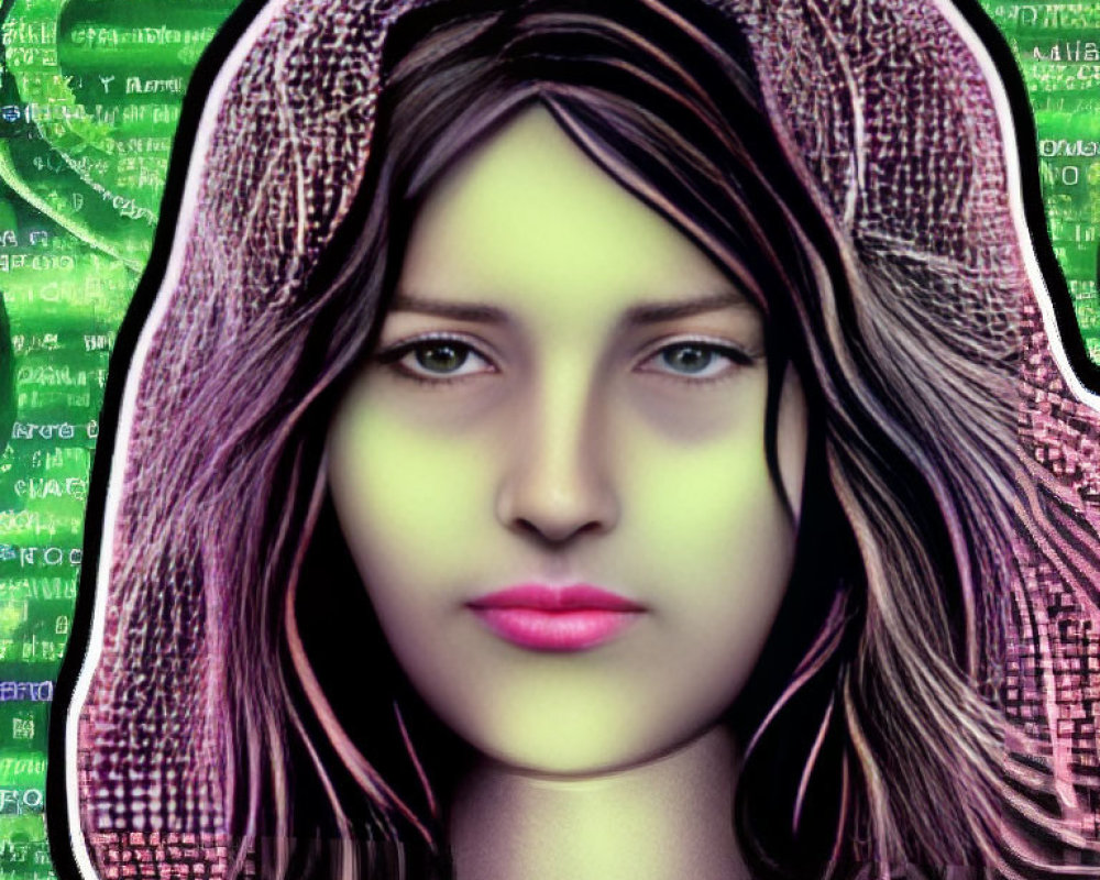 Pink-haired woman in digital artwork with cybernetic green data-stream background.