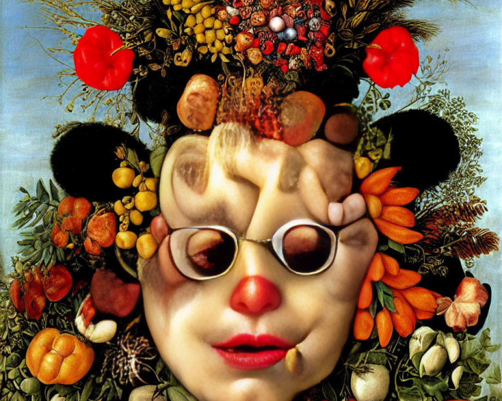 Portrait of face made of fruits, vegetables, and flowers with harvest hat and sunglasses