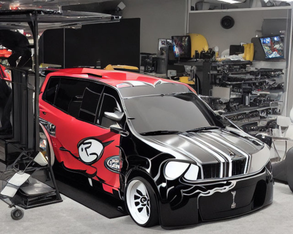 Customized Black Van with Red and White Graphics in High-Tech Workshop