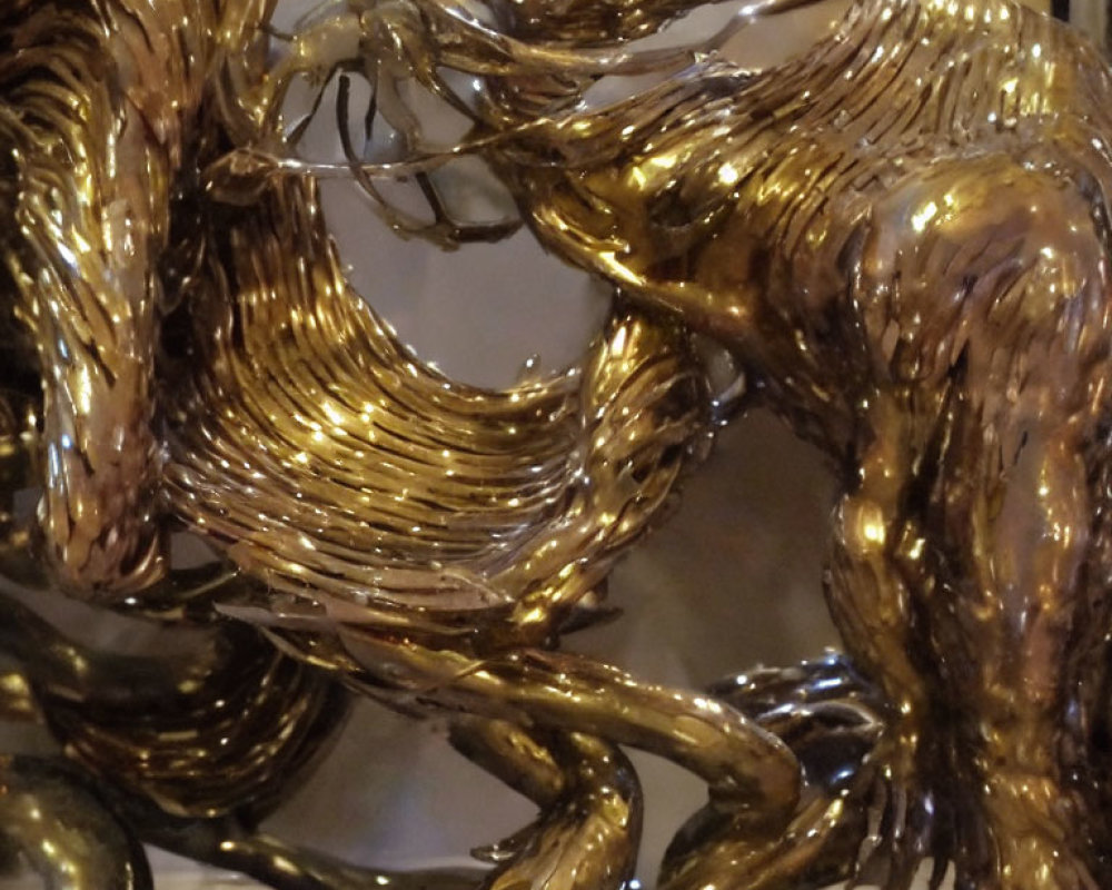 Dynamic Golden Bull Sculpture with Intricate Swirling Textures