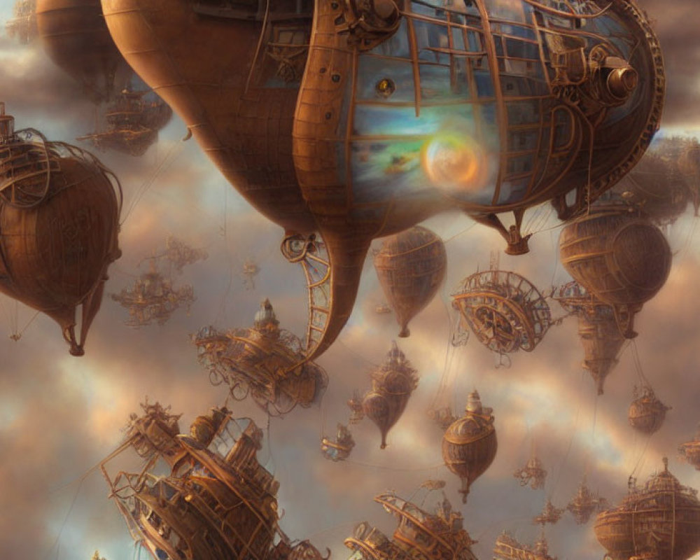 Fantastical steampunk airships in intricate designs among clouds