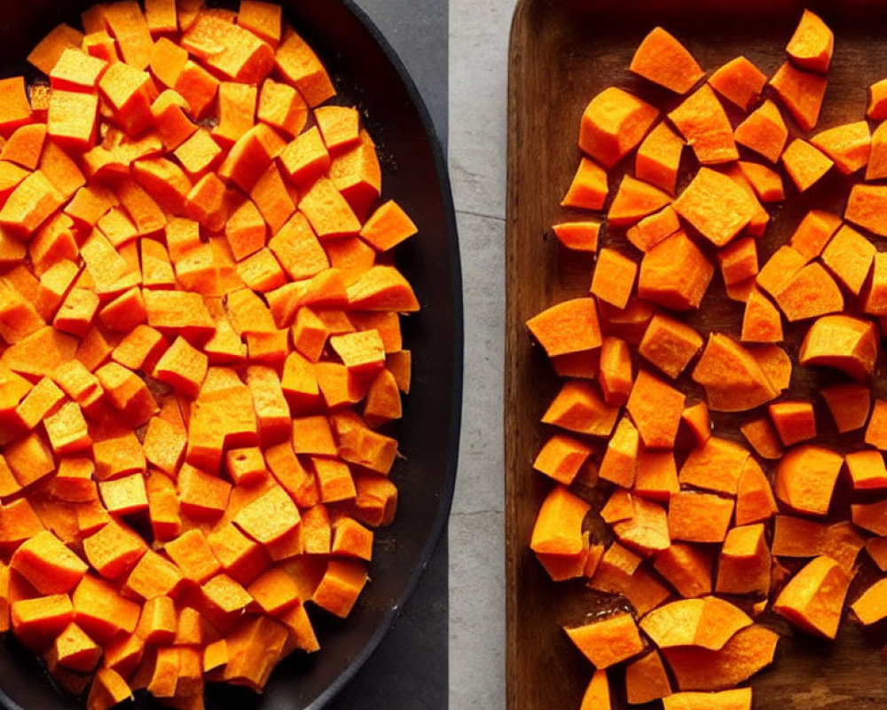 Diced sweet potatoes in cast iron skillet and wooden tray