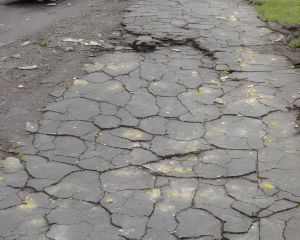 Cracked road with potholes, classic car parked under overcast skies