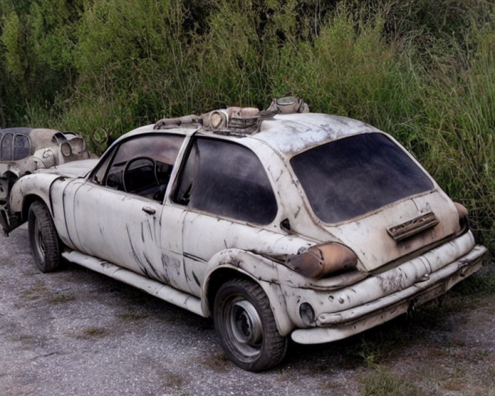 Rusty white car parked on grass, another car in background