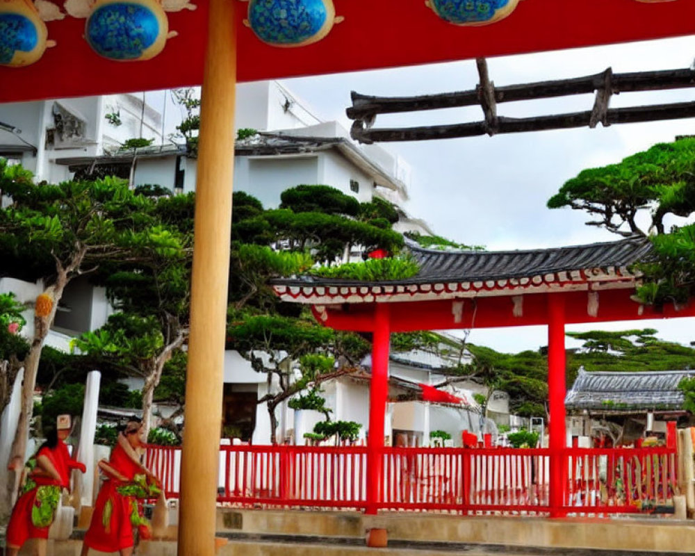 East Asian Red and White Archway with Lanterns and People in Red Attire