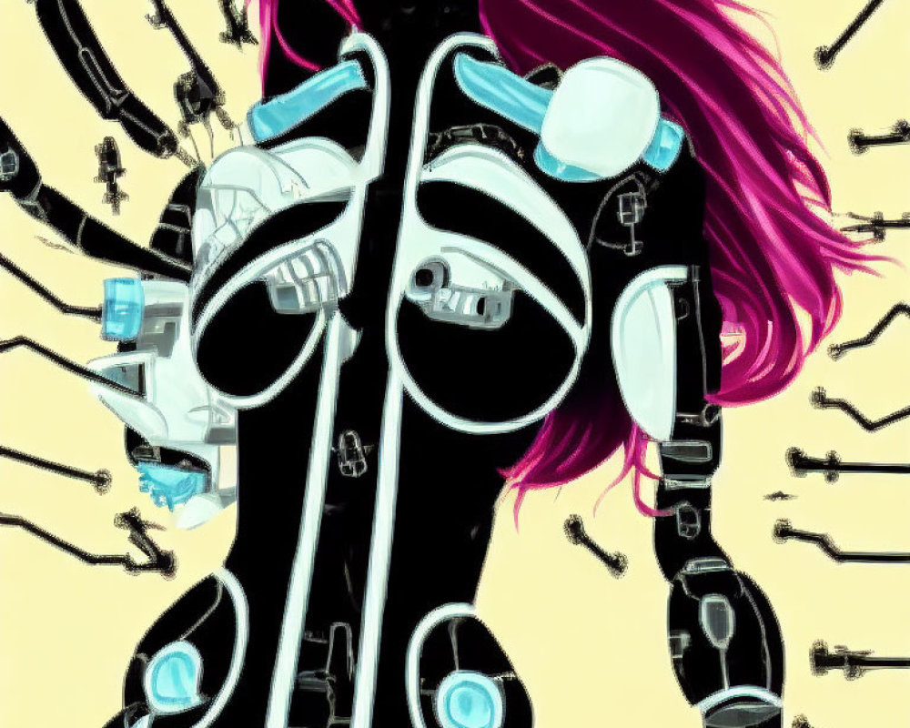 Female Cyborg with Pink Hair in Black Suit on Yellow Background with Mechanical Arms