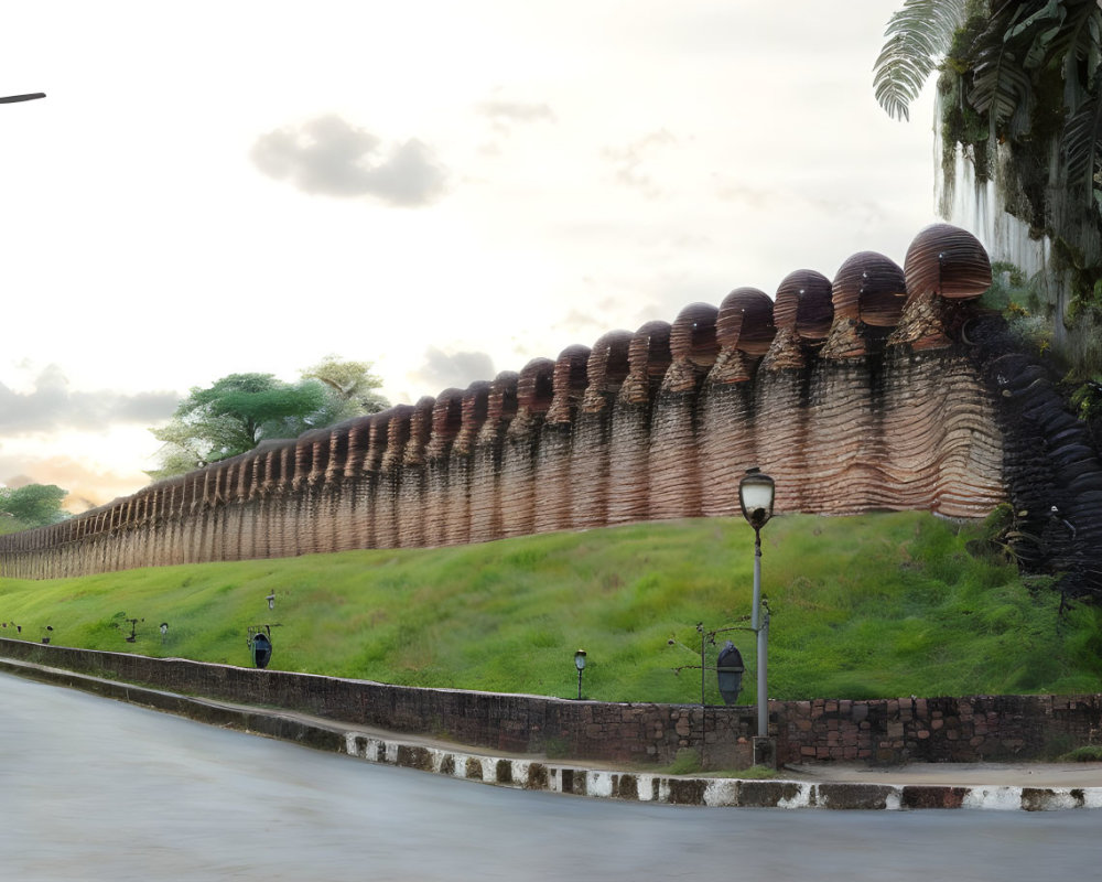 Serpentine terracotta sculpture on grassy embankment by walkway