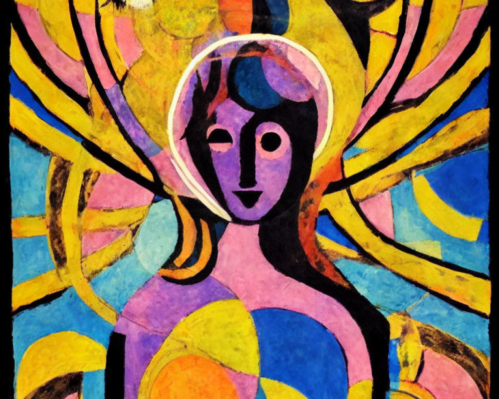 Vibrant abstract painting of feminine figure with halo-like background