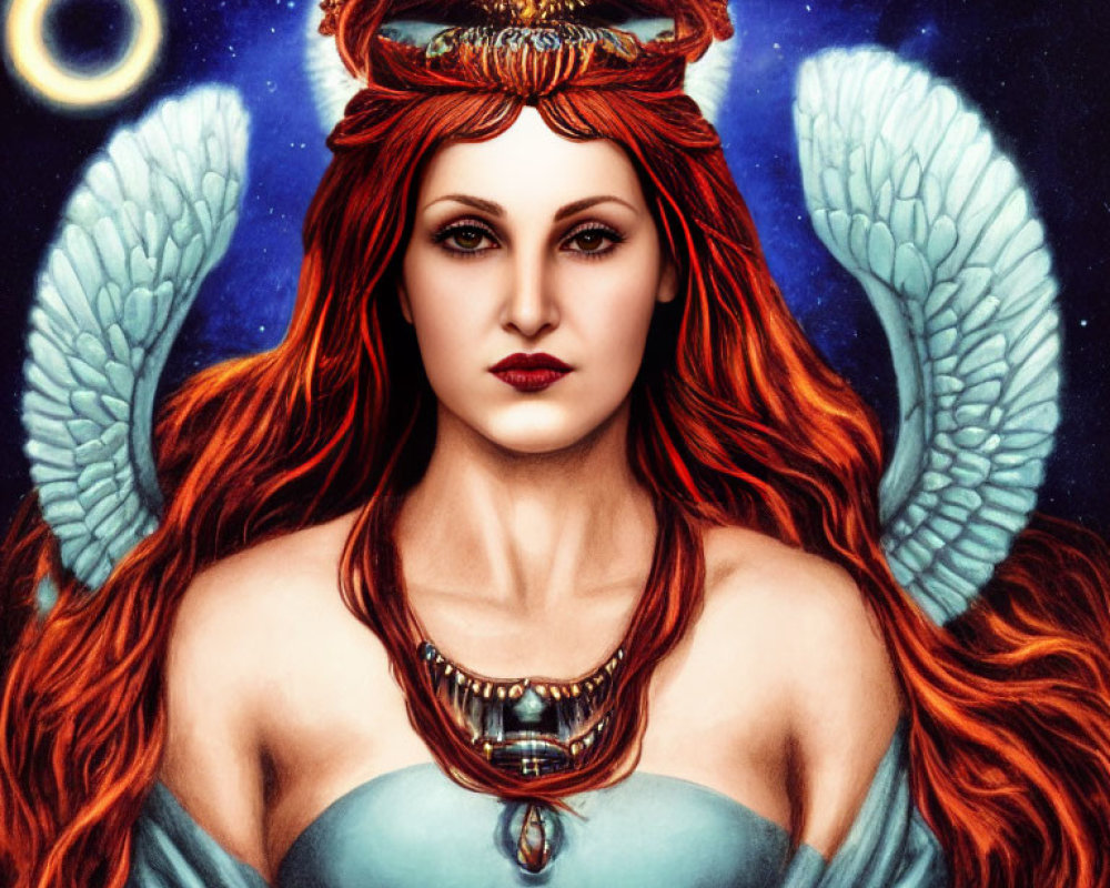 Mystical female figure with red hair and celestial background