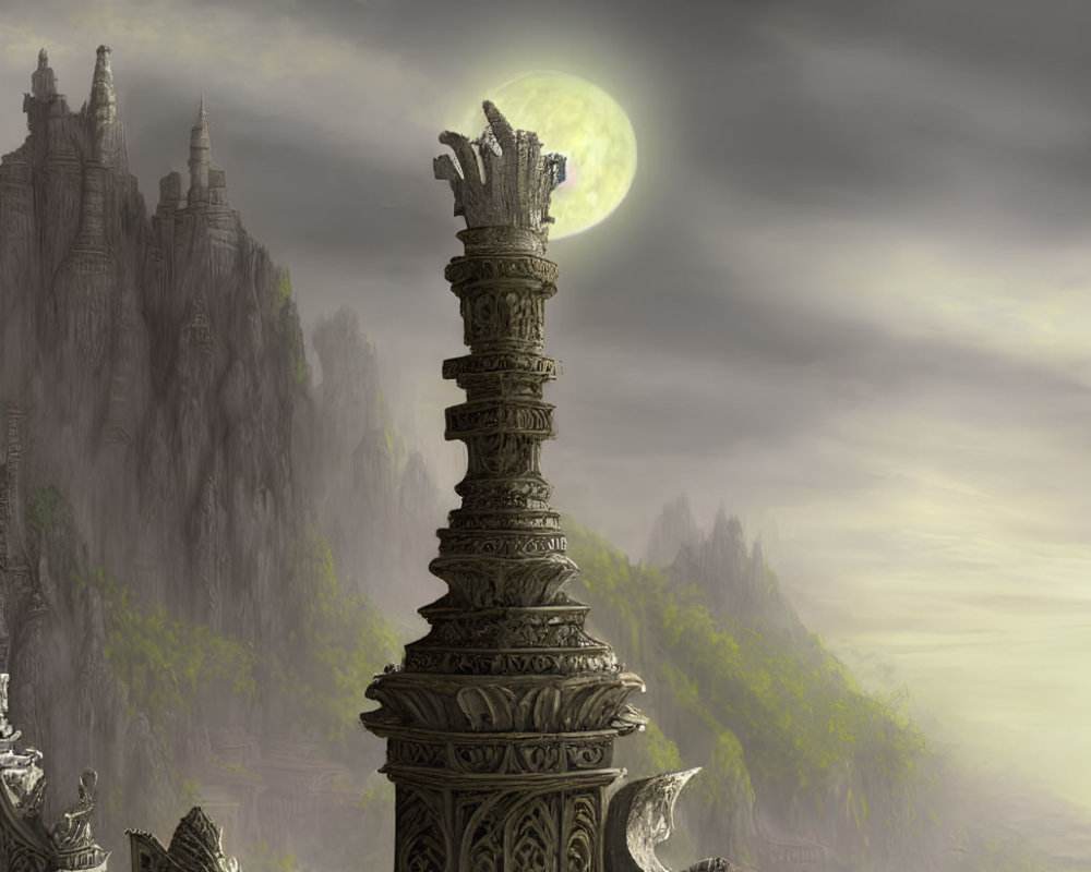 Towering spire against craggy cliffs in moonlit landscape