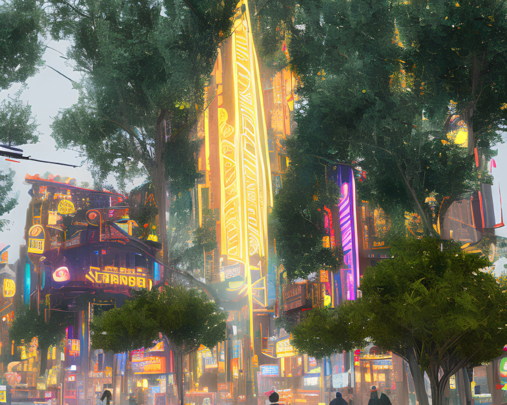 Foggy urban street at dusk with neon signs, people, cars, trees, and street lamps