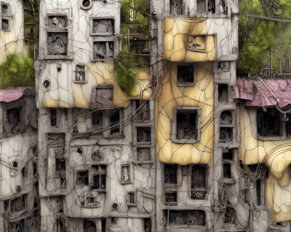 Whimsical crowded houses with chaotic windows and wires in yellow tones