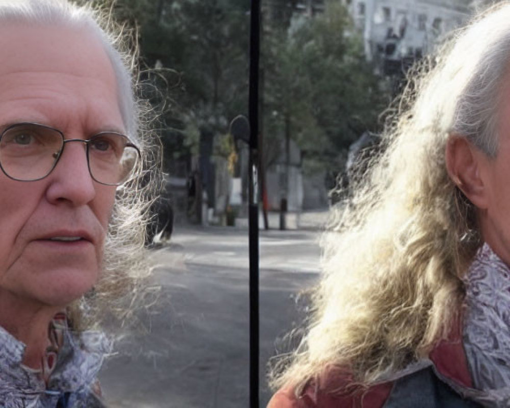 Elderly person with long gray hair and glasses in red jacket outdoors