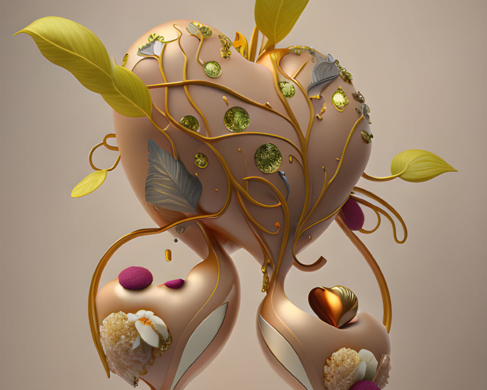 Artistic Human-like Organs with Golden Flourishes on Tan Background