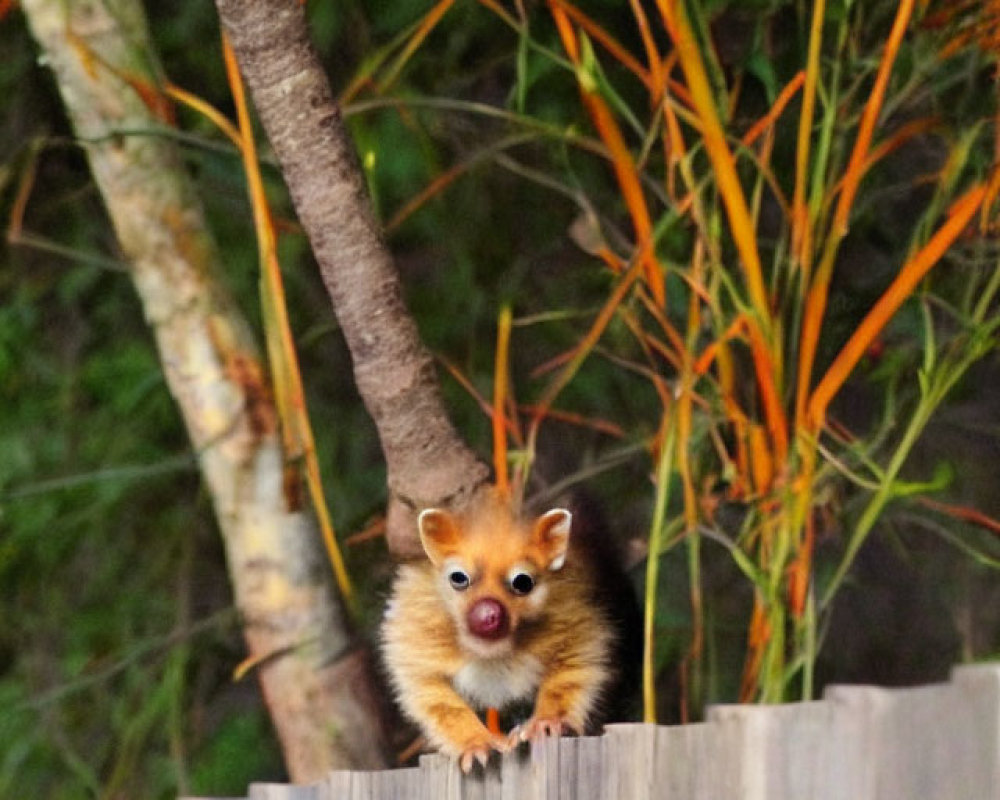 Wide-eyed ring-tailed possum peeking over wooden fence with foliage.