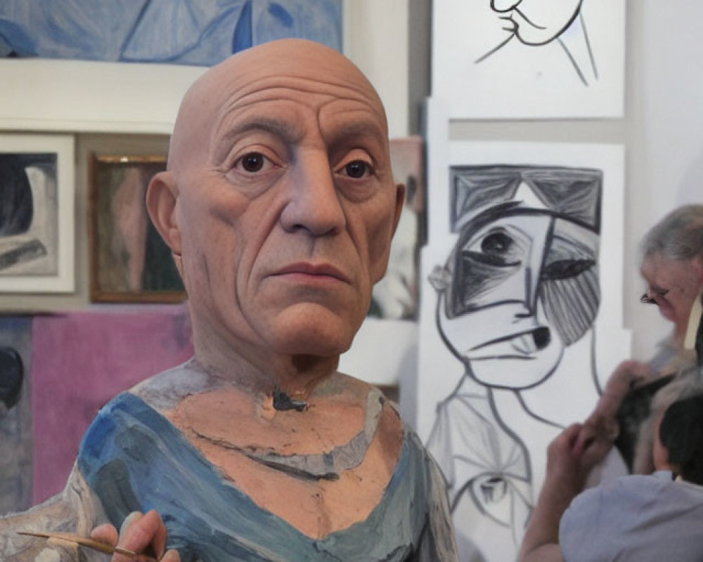 Life-sized Bald Man Sculpture with Exaggerated Features in Art Gallery