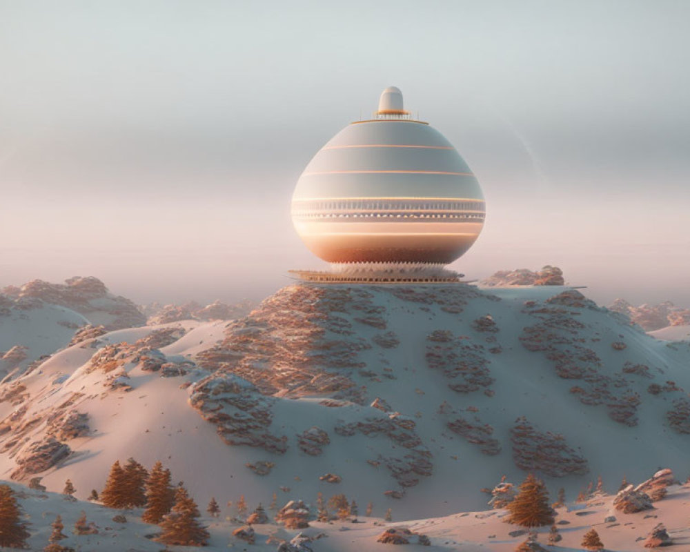 Futuristic spherical building on snowy mountain at sunset