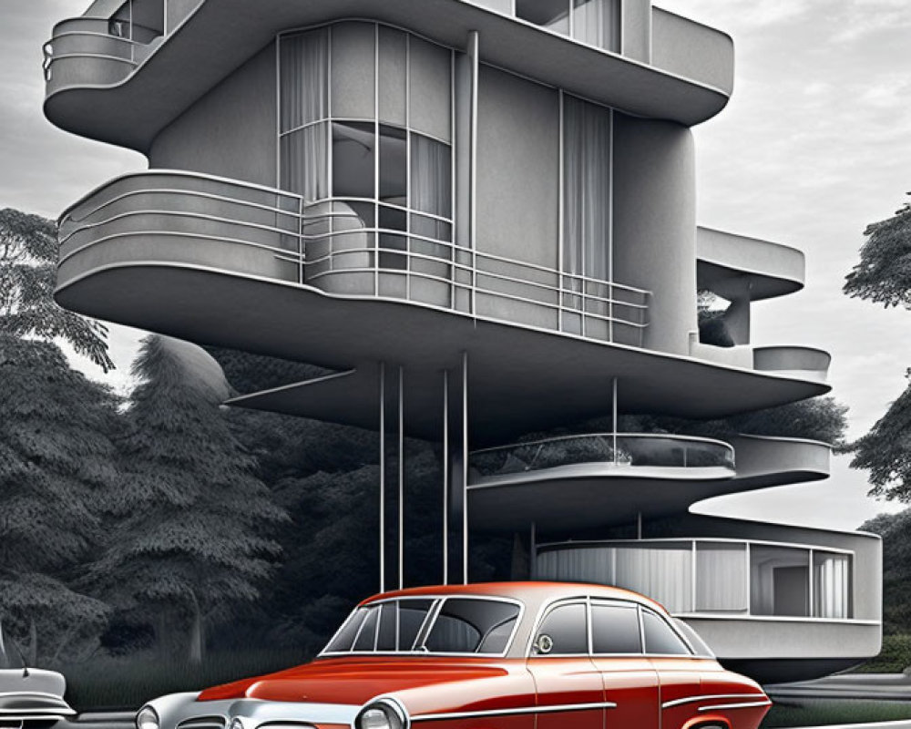 Retro-futuristic illustration with red and white car and gray multi-level building