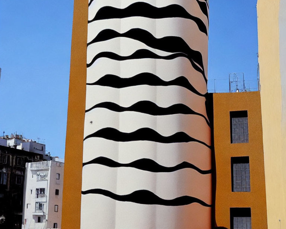 Unique Wavy Black and White Building Facade Against Blue Sky