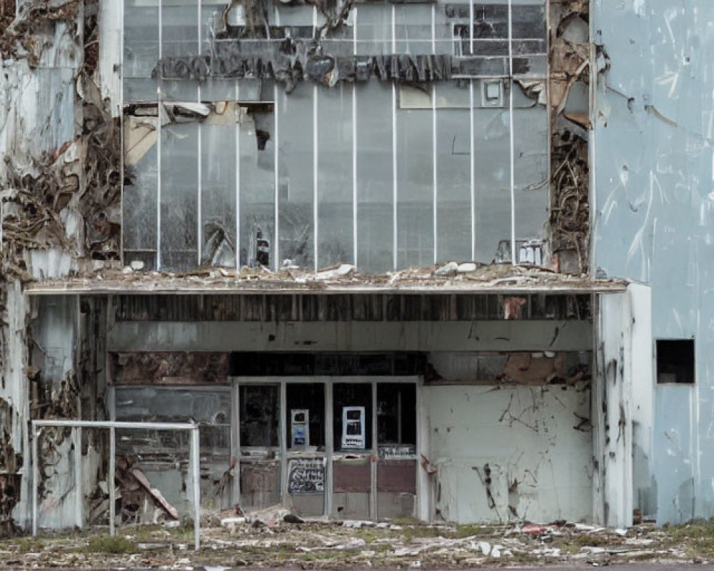 Abandoned building with peeling blue walls and graffiti on deserted road