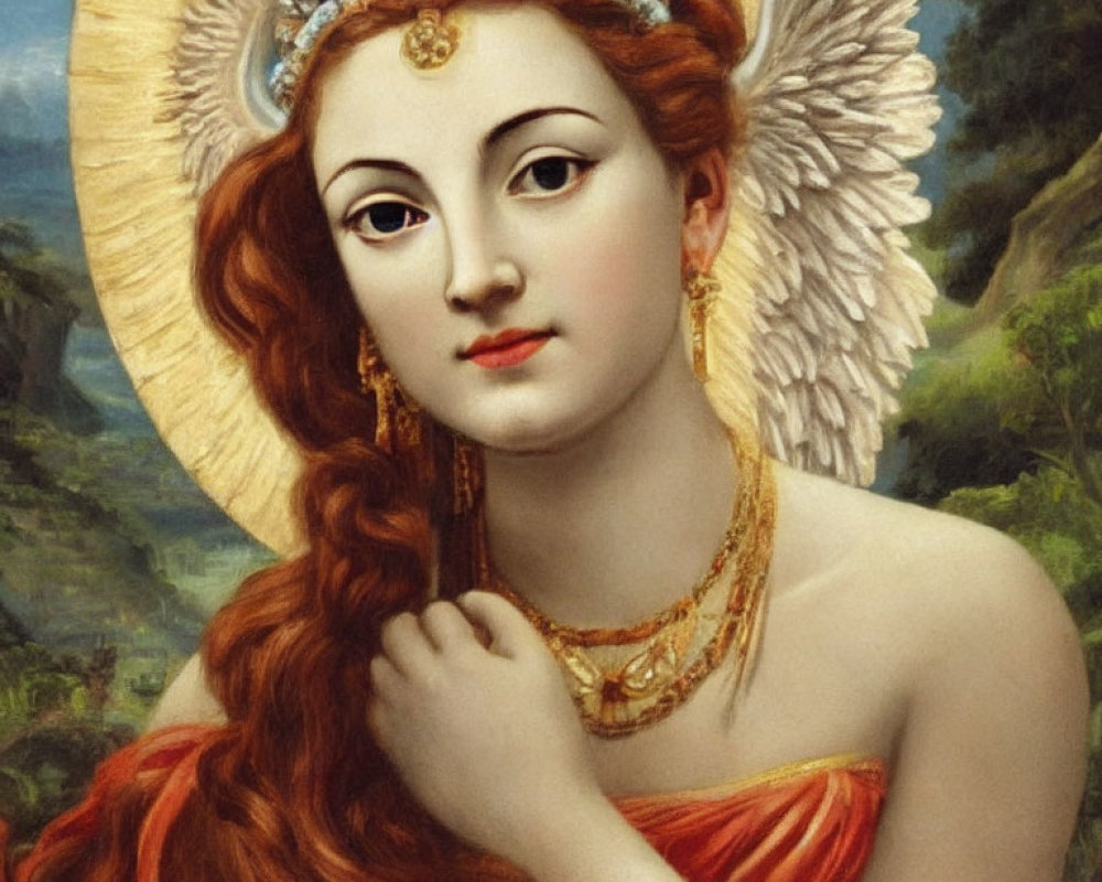 Portrait of woman with red hair, winged headpiece, gold jewelry, in natural setting