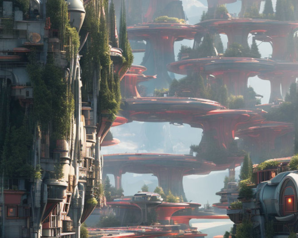 Futuristic cityscape with organic towers and lush greenery