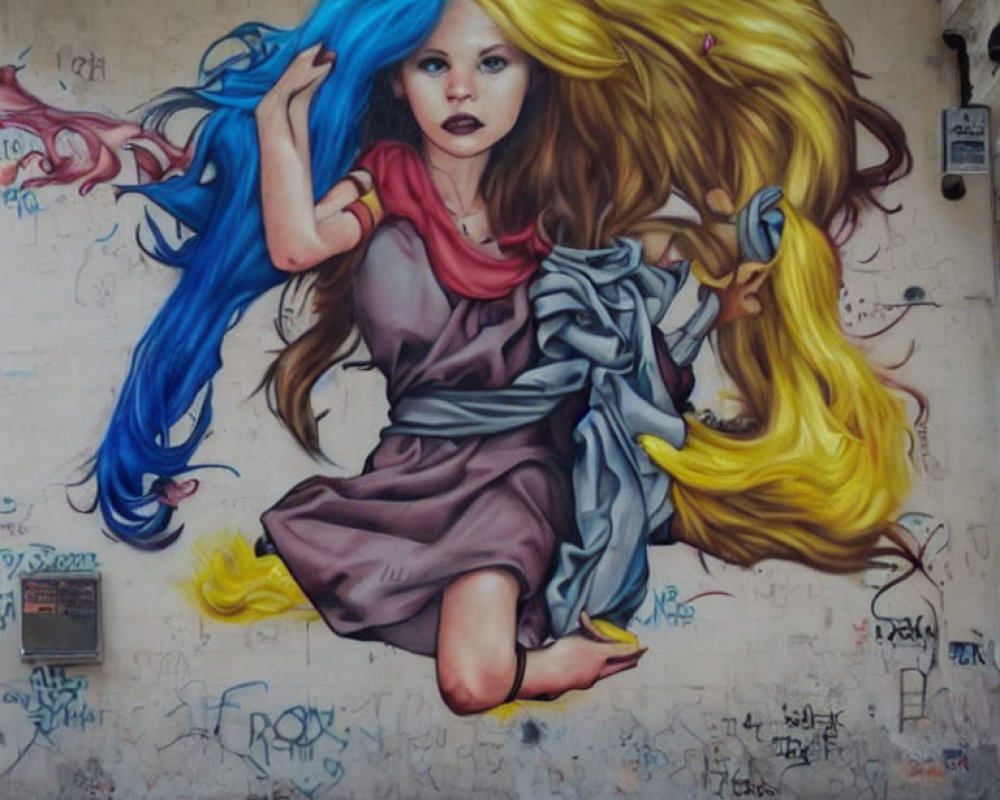 Vibrant street mural featuring girl with blue and yellow hair on graffiti wall