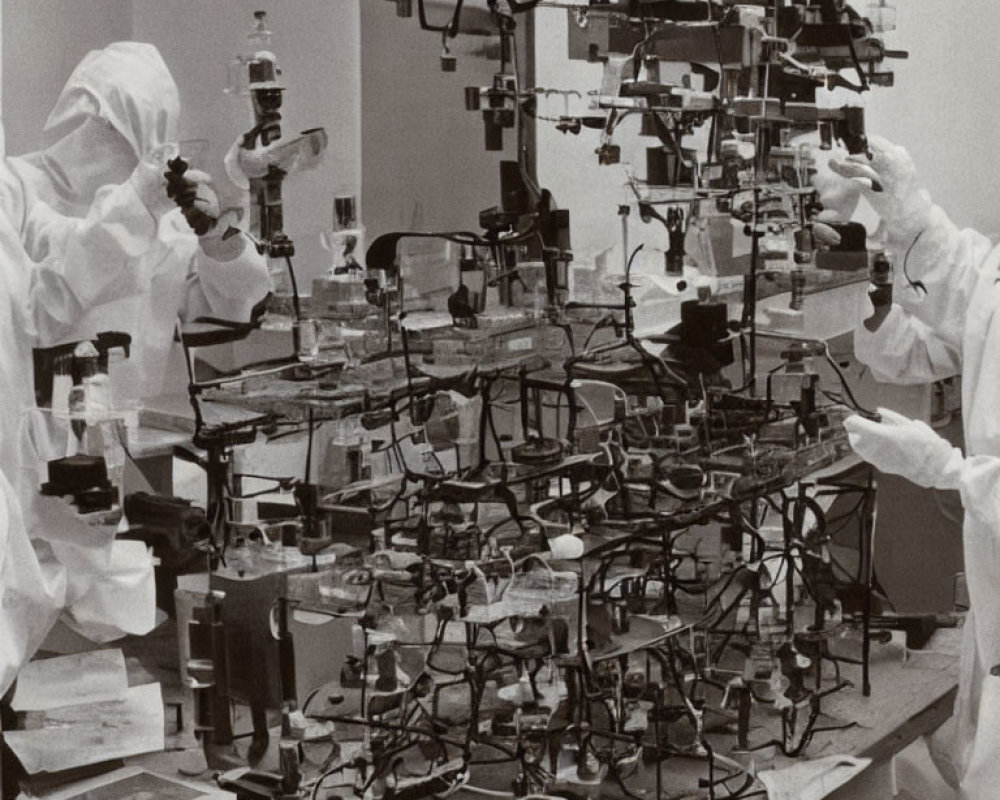 Scientists in lab coats and protective gear conducting experiments with scientific glassware.