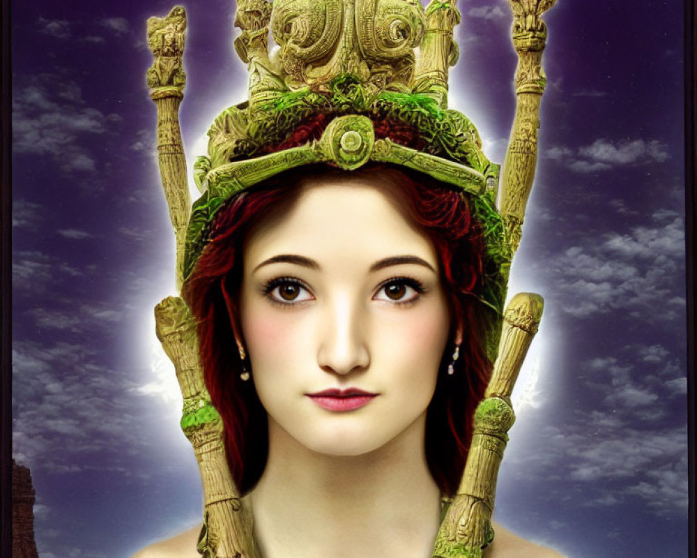 Detailed Green Headdress with Antler-Like Structures on Woman Against Twilight Sky