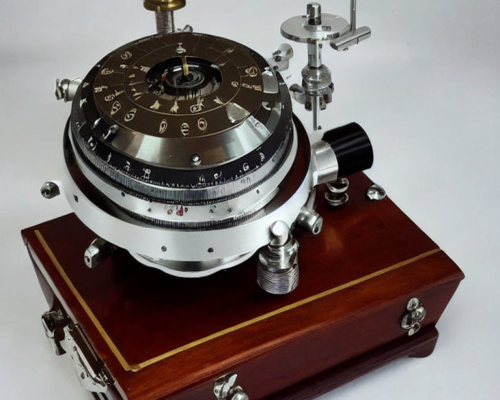 Vintage Navigational Instrument on Wooden Base with Dials and Scopes