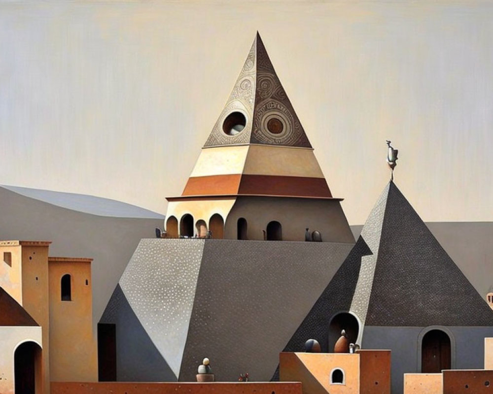 Surrealist painting: Pyramid-like structures in desert town with soft-hued sky