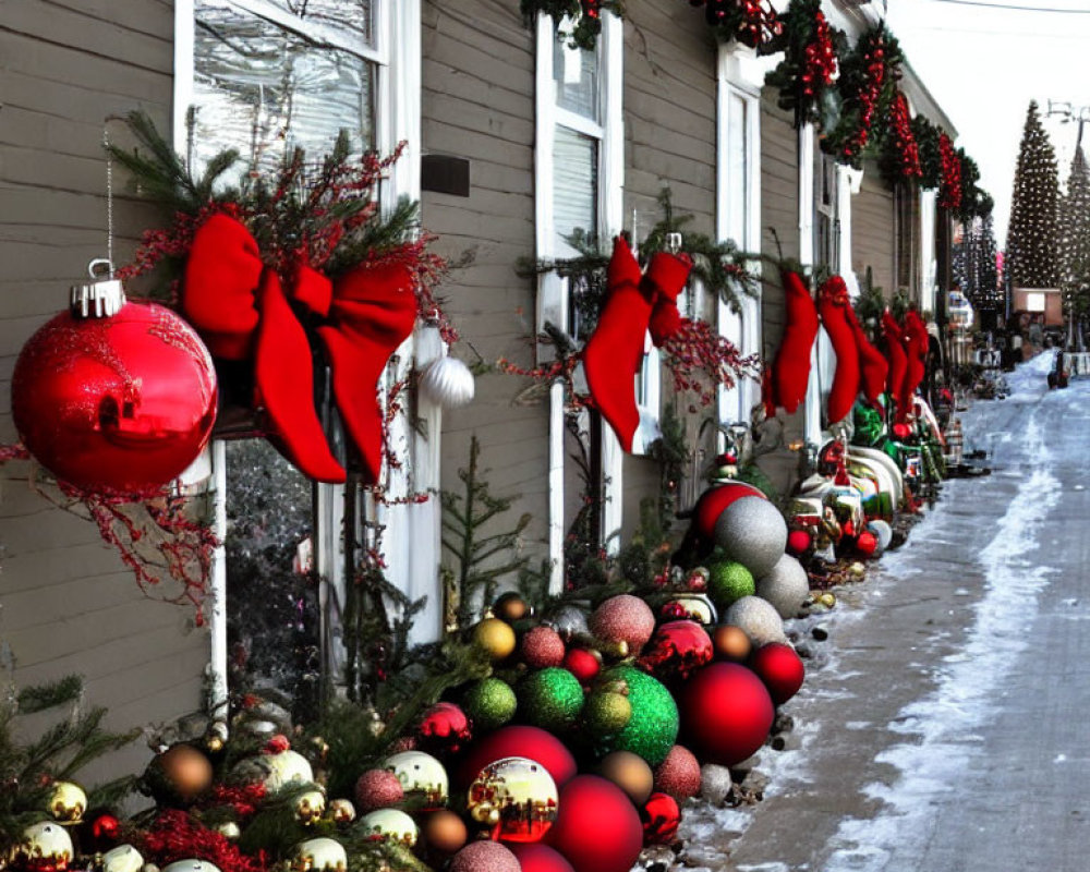 Decorated Christmas Street with Ornaments and Wreaths