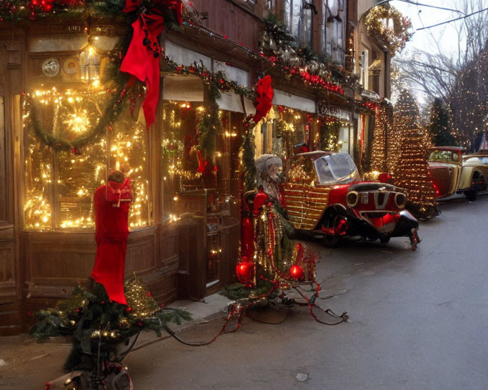 Festive Street Scene with Christmas Decorations and Vintage Car