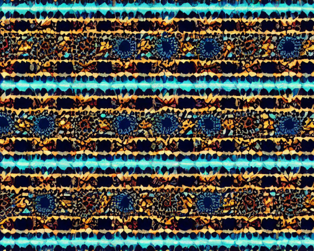 Colorful abstract pattern with layered stripes and splatters in blue, orange, and black