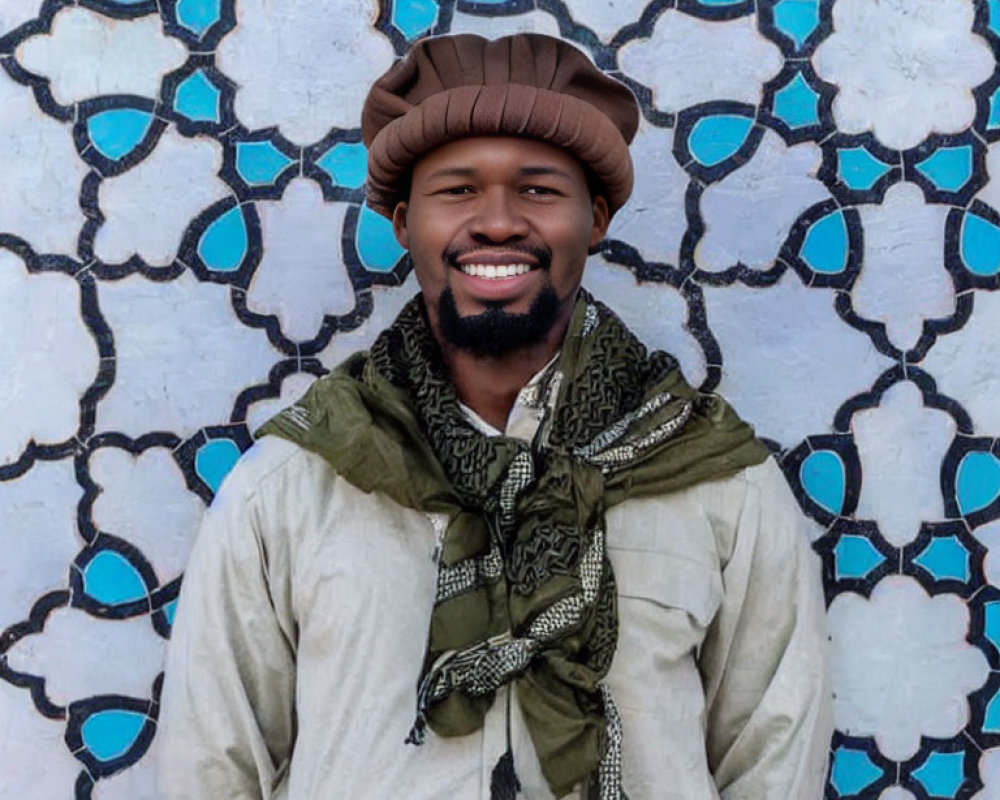 Smiling man with beard in brown hat and scarf against blue patterned wall