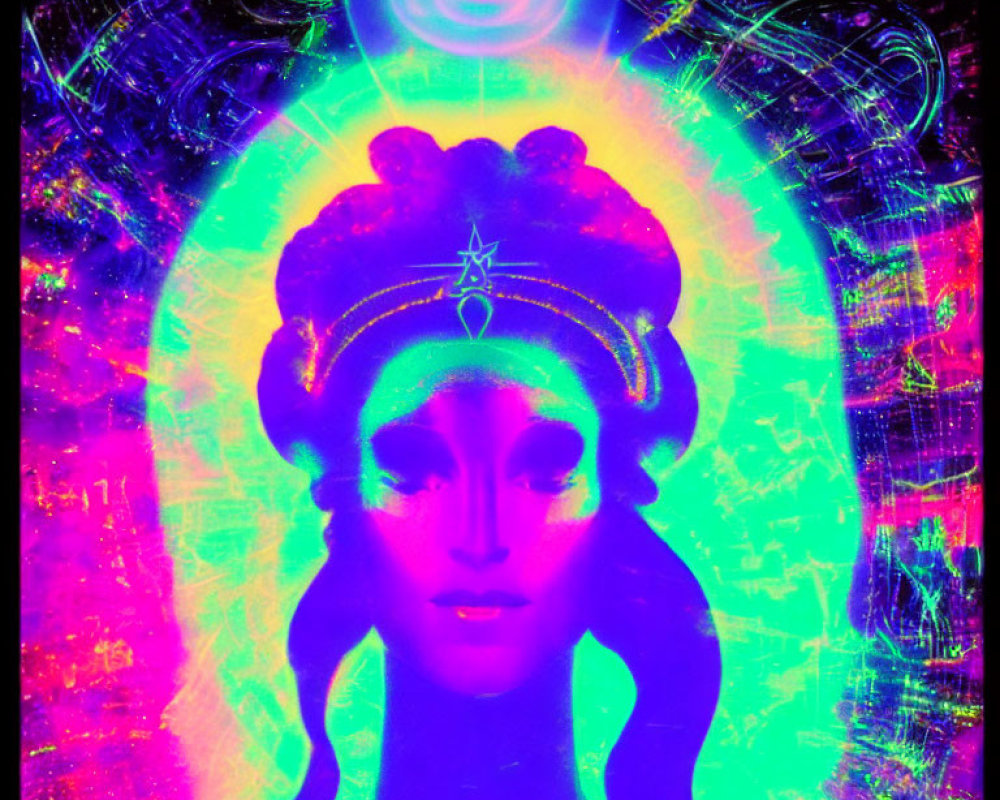 Colorful Psychedelic Artwork of Female Figure with Aura and Third Eye