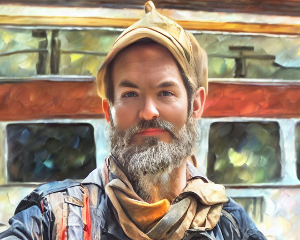 Bearded man in cap and scarf with stained glass background in painted style