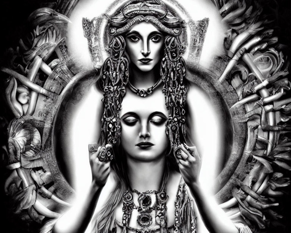 Monochrome artwork of two female figures with elaborate headdresses surrounded by intricate patterns and symbols