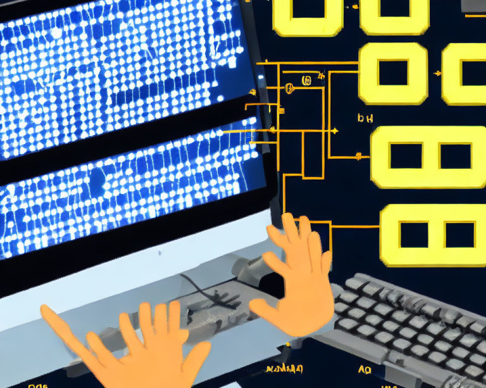 Stylized illustration of hands typing on keyboard with digital pattern and yellow boxes.