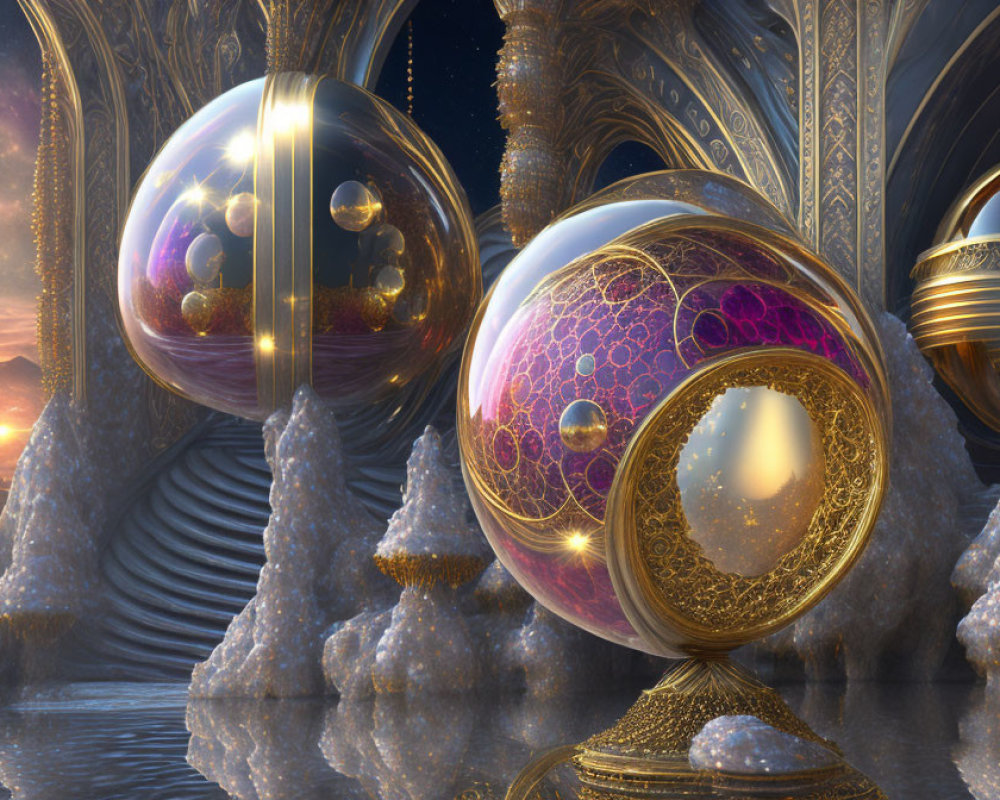 Fantastical digital art scene with reflective orbs and golden architecture